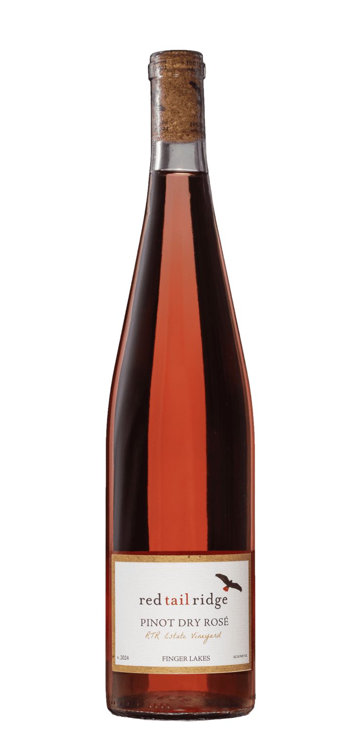 Bright pink Red Tail Ridge Pinot Dry Rosé wine bottle, Finger Lakes winery.