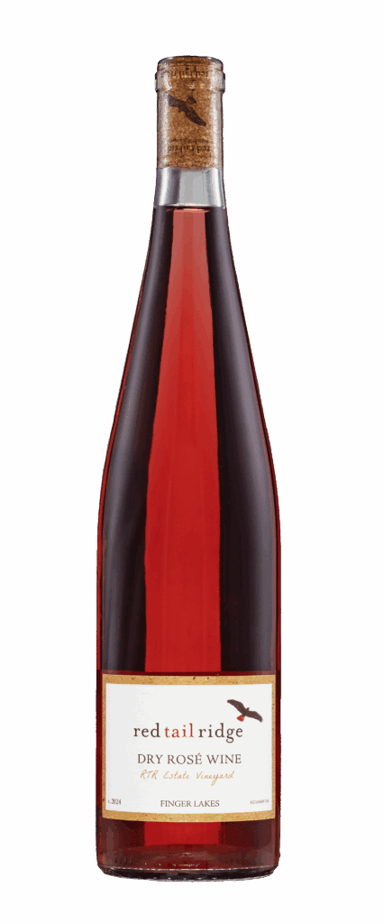 Vibrant red rosé wine bottle featuring Red Tail Ridge Winery branding and Finger Lakes vineyard.