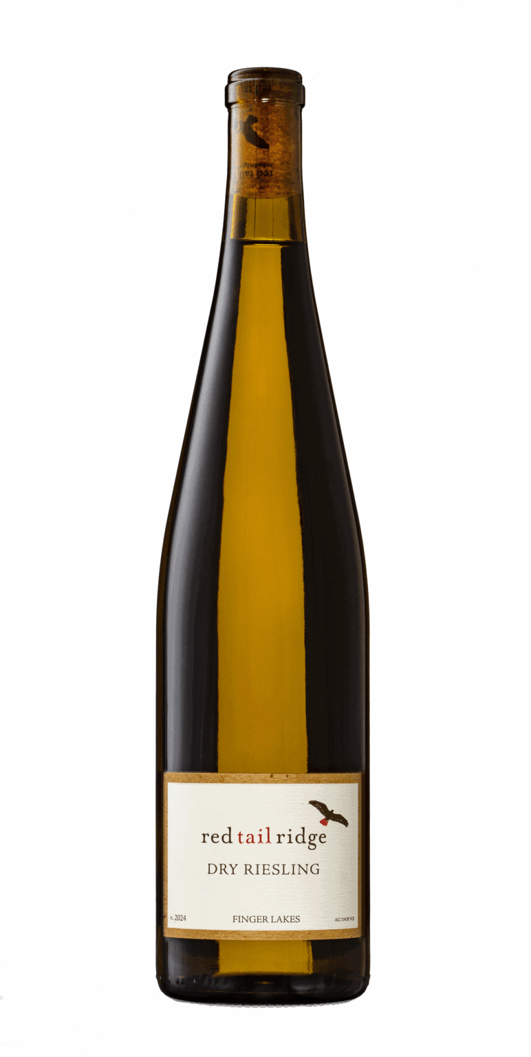 Bright yellow dry riesling wine bottle from Red Tail Ridge Winery.