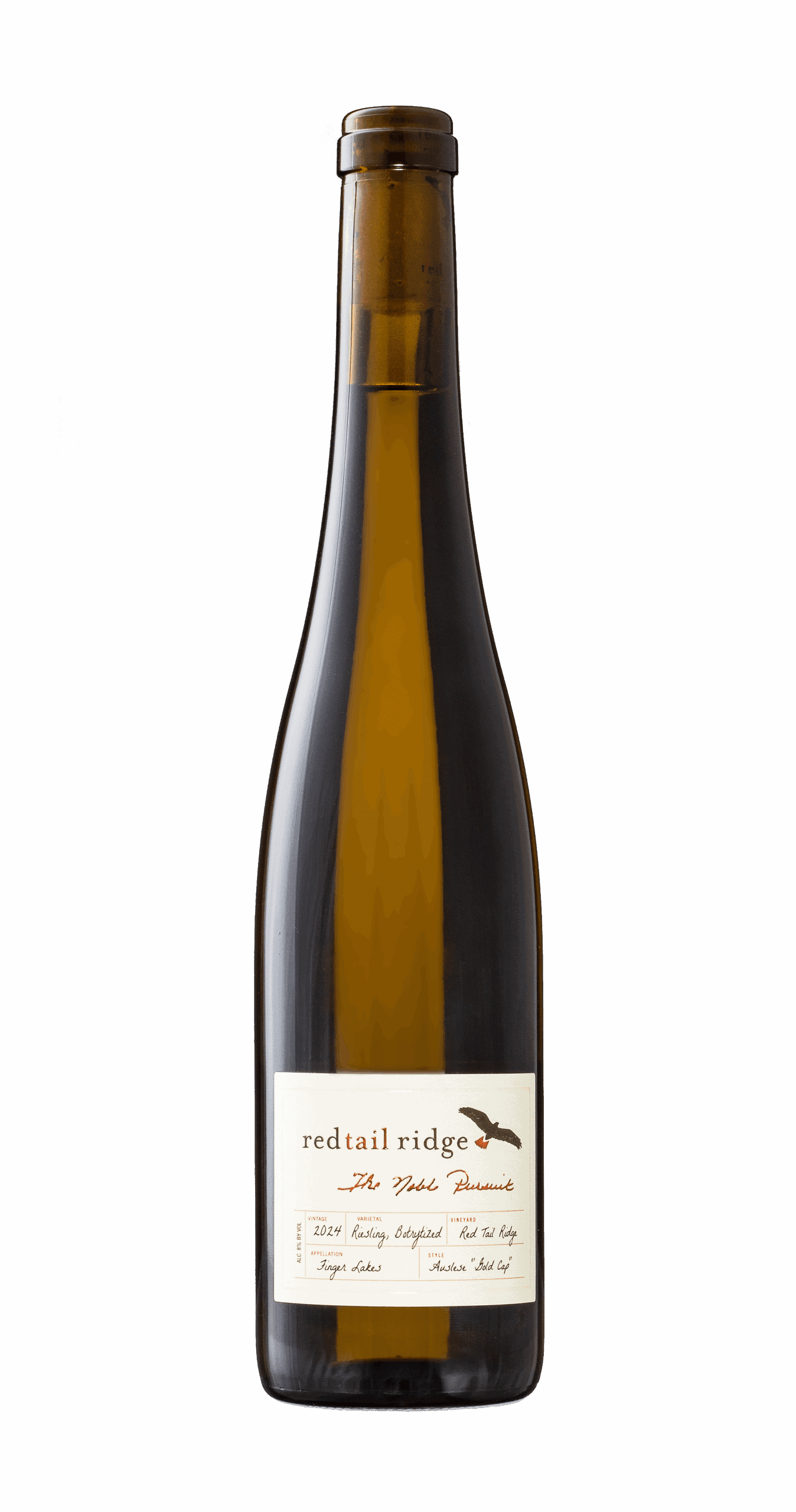 Bright red wine bottle with Red Tail Ridge Winery label, showcasing wine from Finger Lakes region.