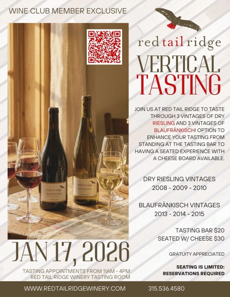 1. Red Tail Ridge Winery vertical wine tasting event, Riesling & Blaufränkisch vintages.