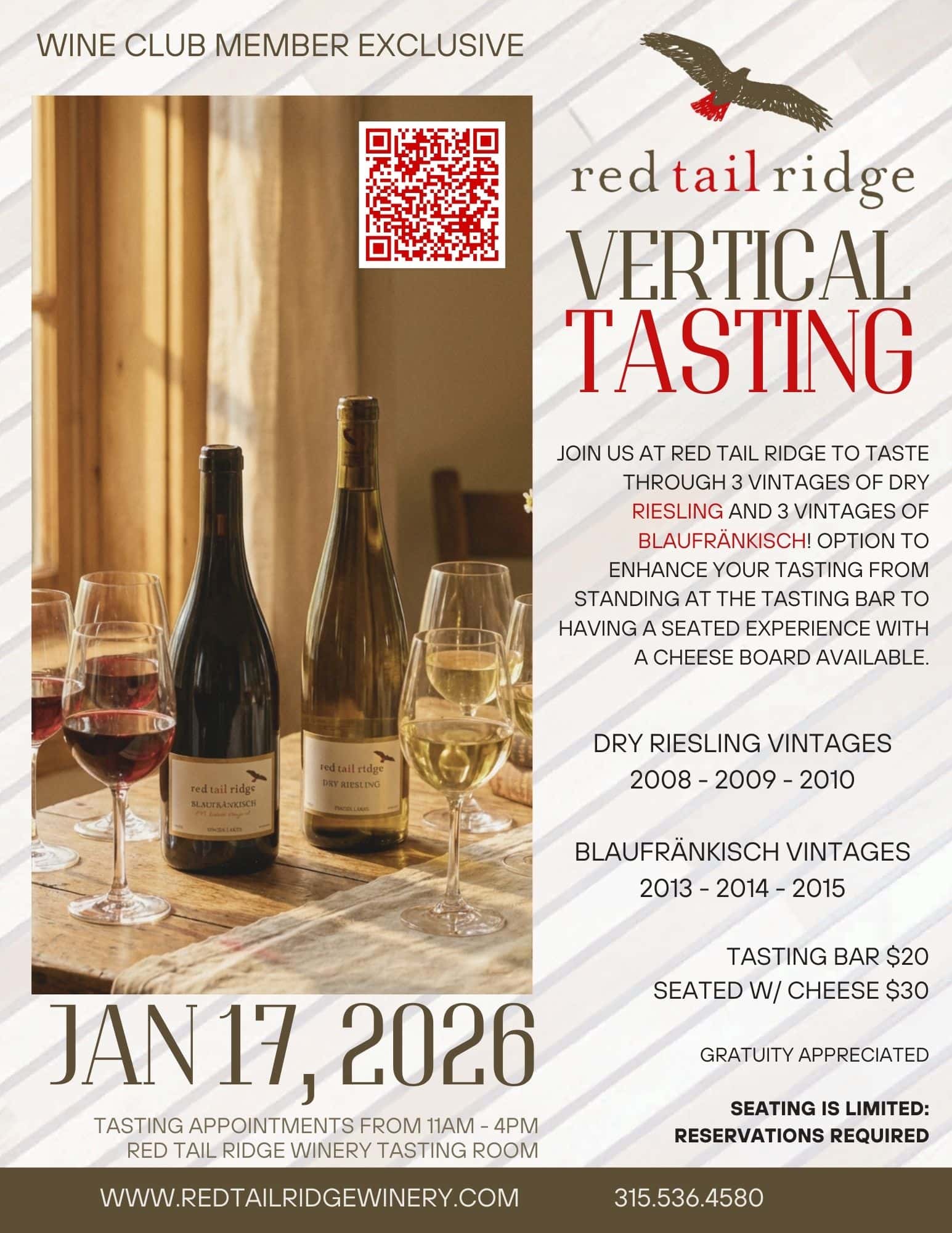 1. Red Tail Ridge Winery vertical wine tasting event, Riesling & Blaufränkisch vintages.
