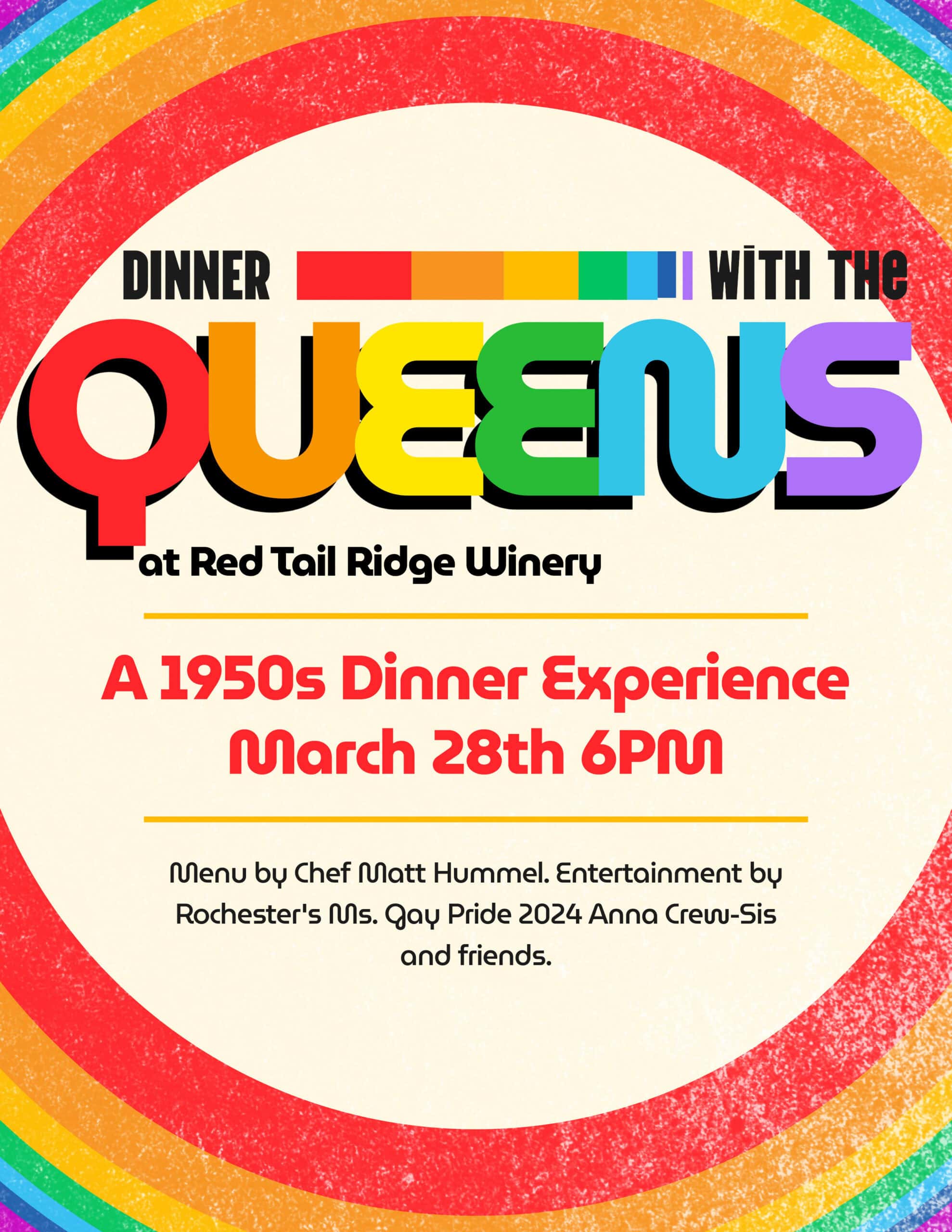 Drag dinner experience at Red Tail Ridge Winery with 1950s themed menu