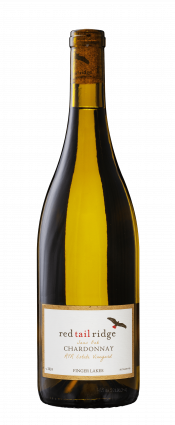 Vineyard Chardonnay wine bottle at Red Tail Ridge Winery, Finger Lakes region, NY.